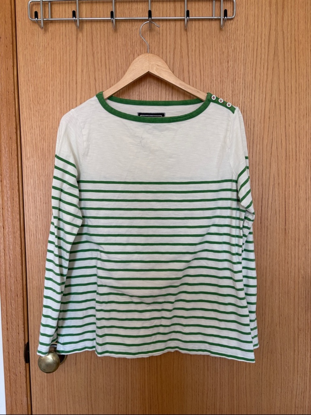 Boden Breton White Tee with Green Trim and Stripes